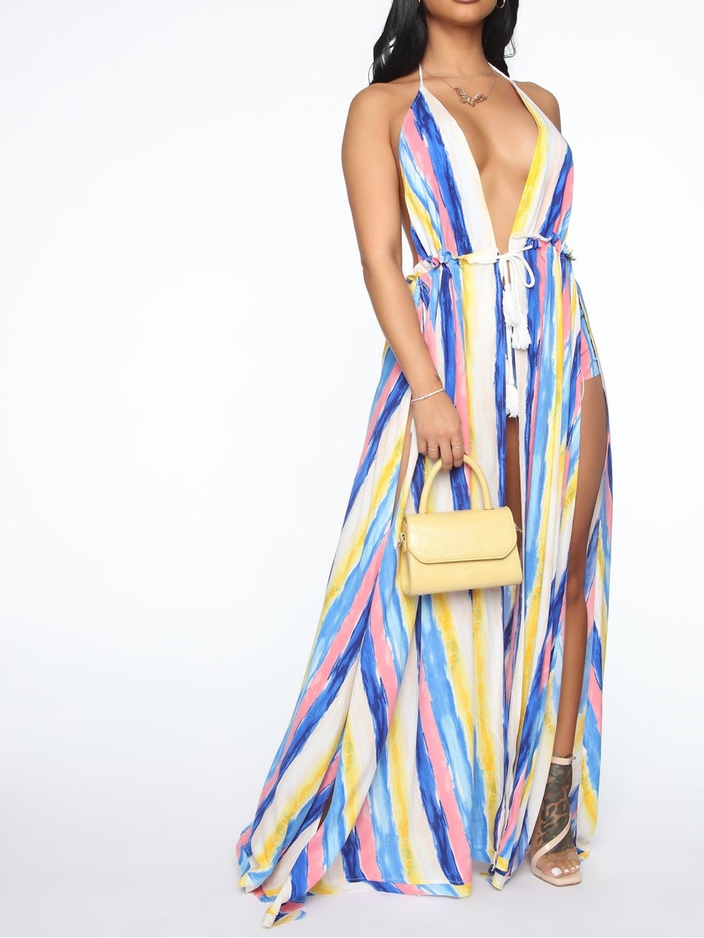 Fashion Nova Gypsy Rose 2 Piece Short Set Maxi Halter Cover Up Blue Combo M NWT